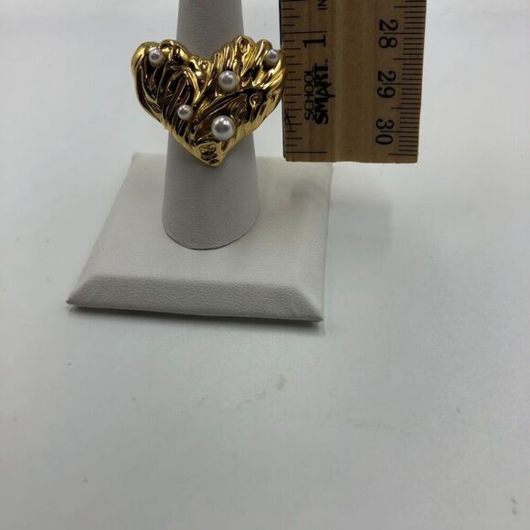 18K Gold Plated Women's Statement Heart Ring Faux Pearls Open Back Adjust Size - Picture 12 of 15